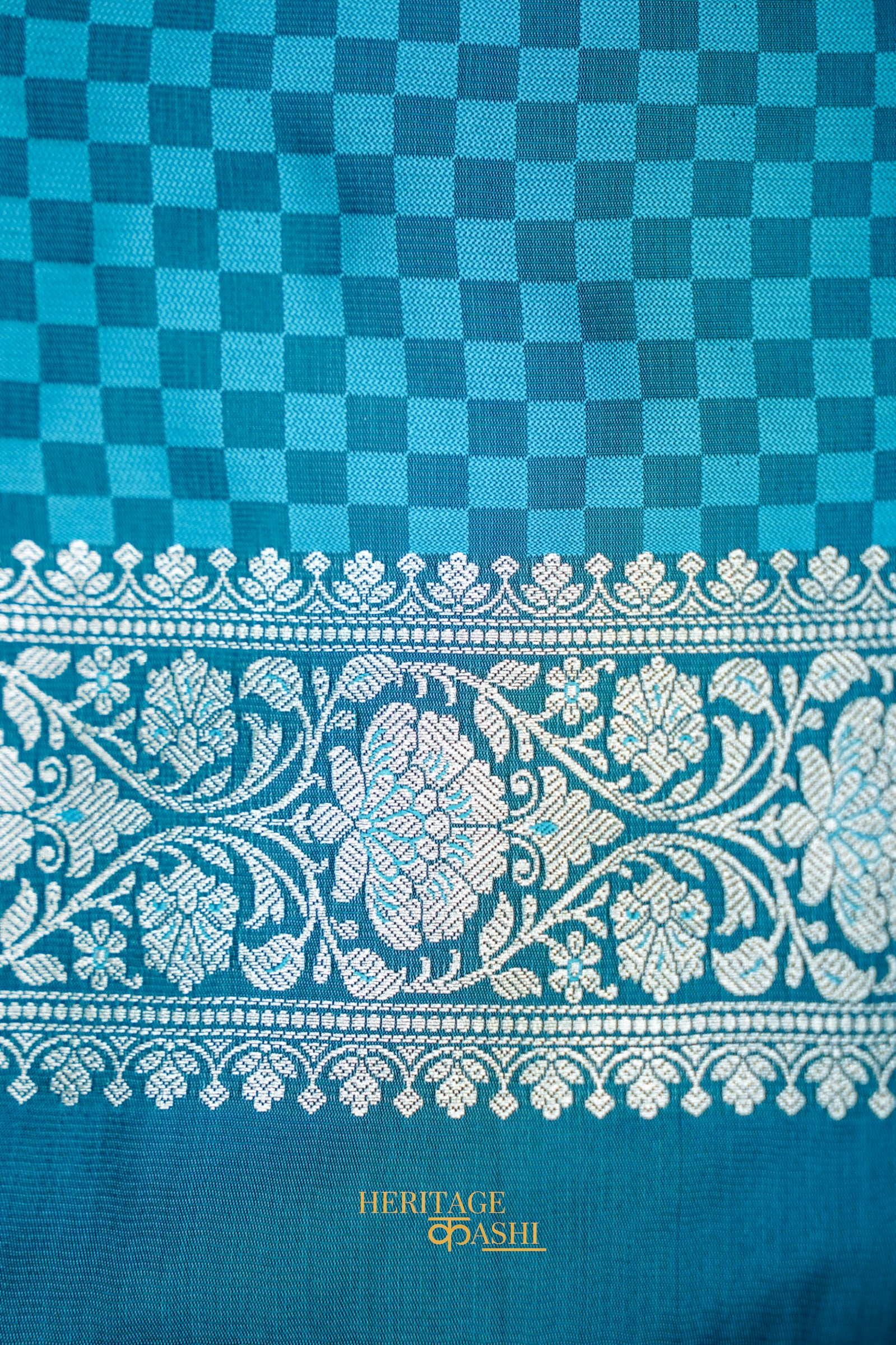 Turquoise Blue Katan Rangkat Banarasi Silk Saree with Silver Zari Border