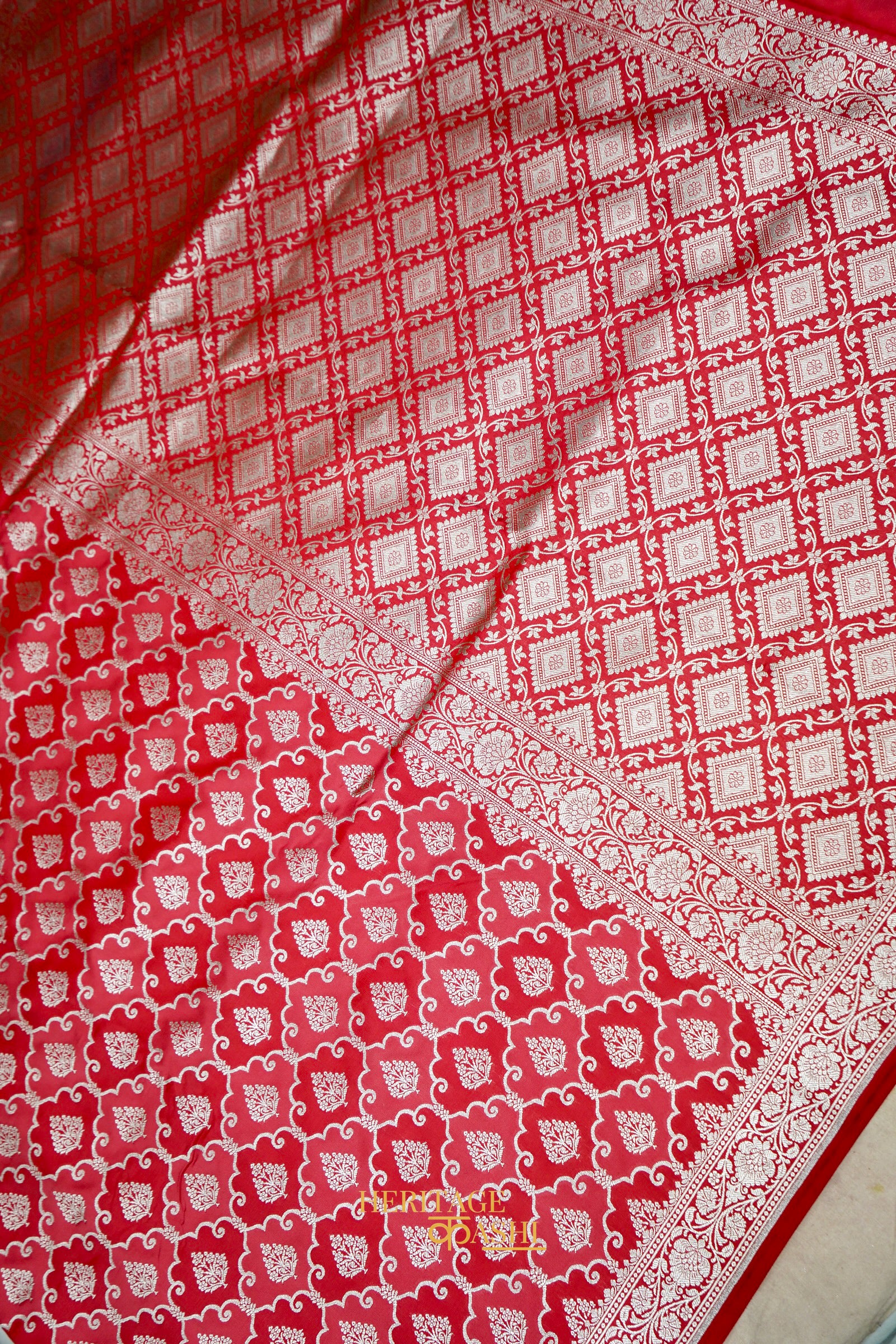 Ruby Red Katan Rangkat Banarasi Silk Saree with Silver Zari Border