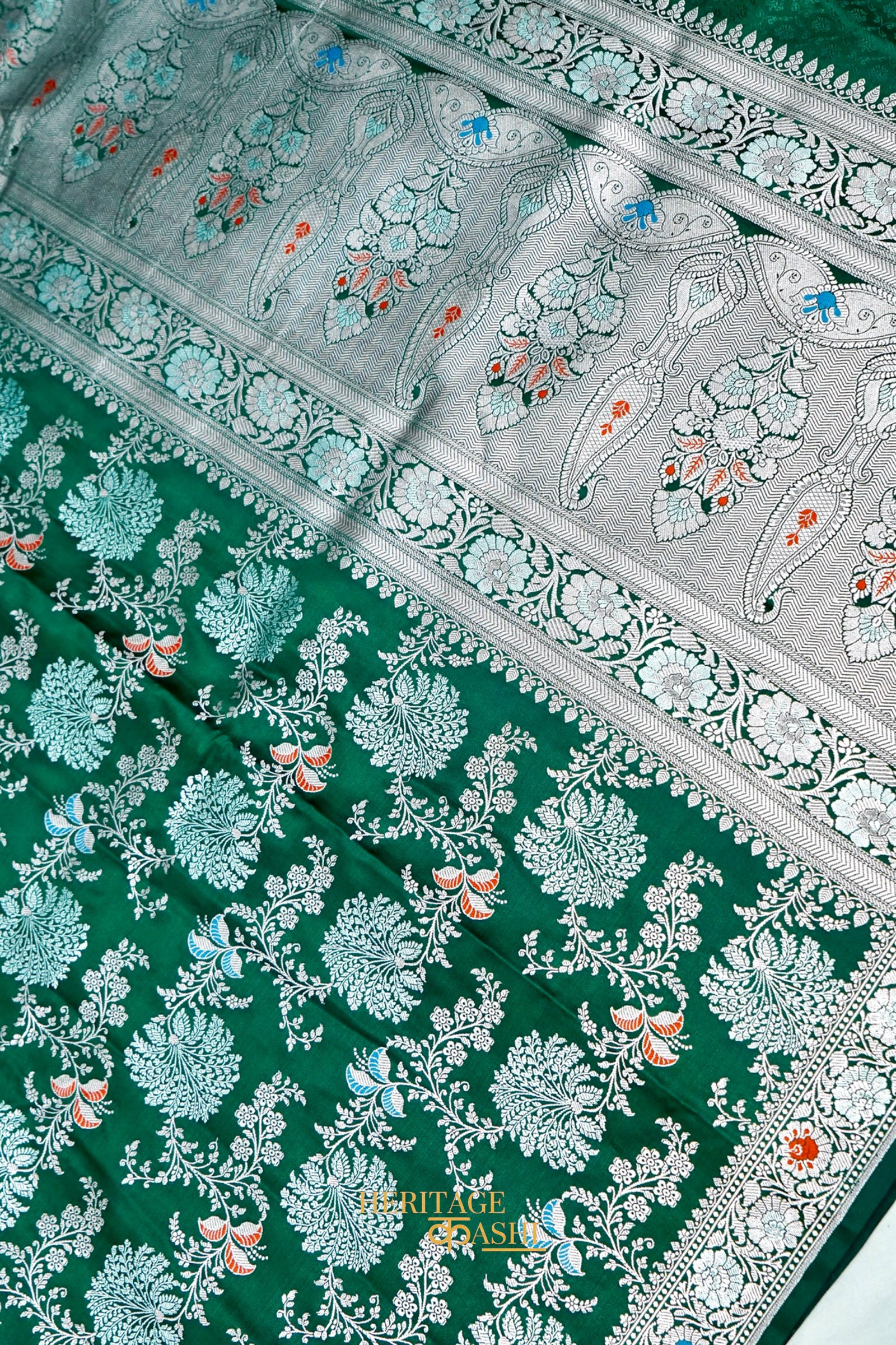 Emerald Green Mashru Multicolour Floral Jaal Motif Silk Saree