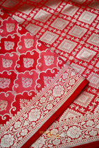 Ruby Red Katan Rangkat Banarasi Silk Saree with Silver Zari Border
