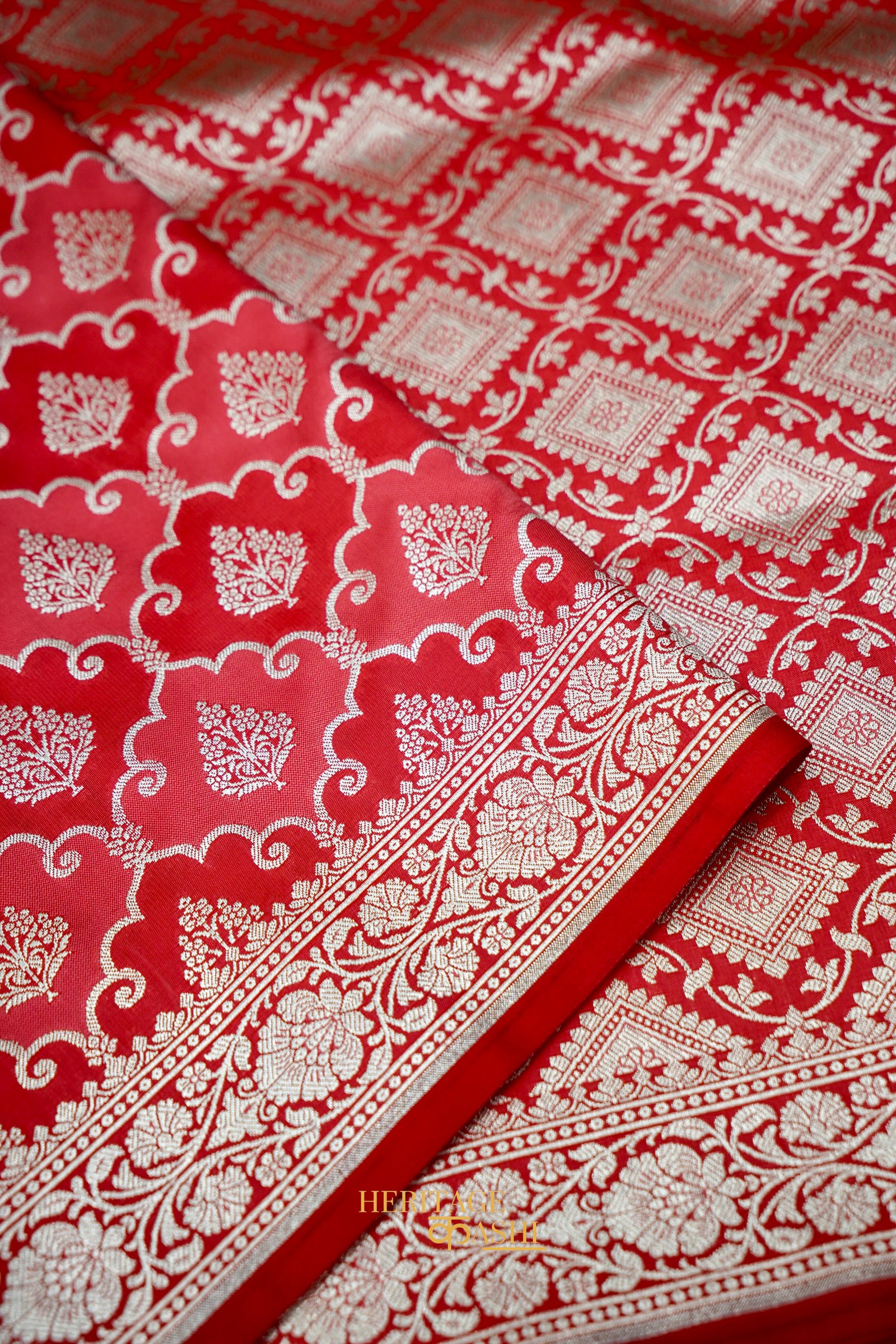 Ruby Red Katan Rangkat Banarasi Silk Saree with Silver Zari Border