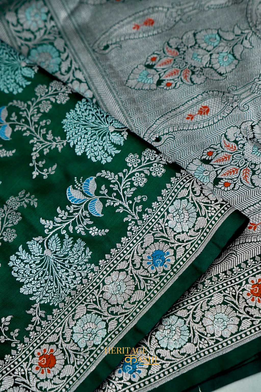 Emerald Green Mashru Multicolour Floral Jaal Motif Silk Saree