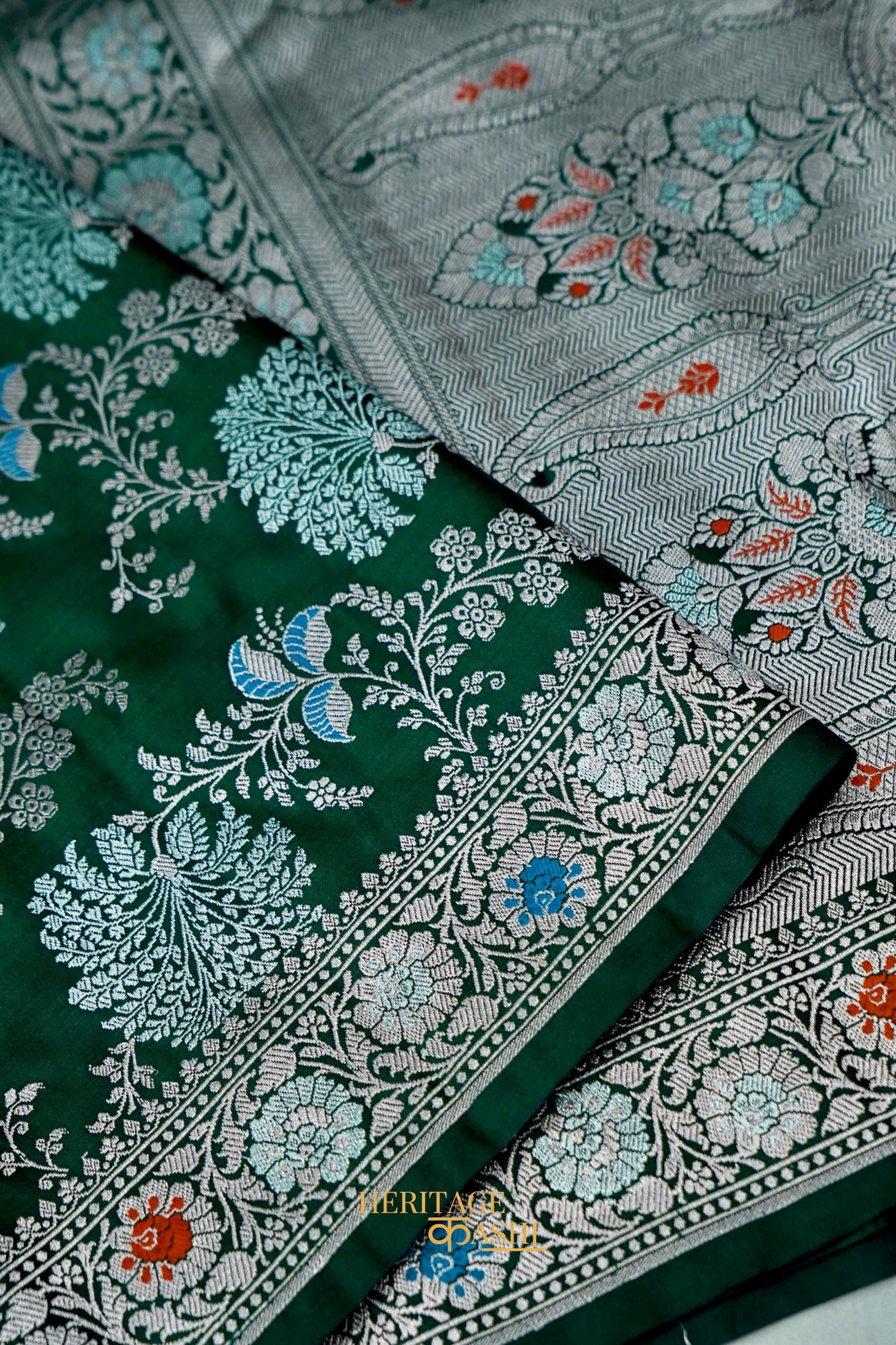 Emerald Green Mashru Multicolour Floral Jaal Motif Silk Saree