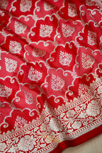 Ruby Red Katan Rangkat Banarasi Silk Saree with Silver Zari Border