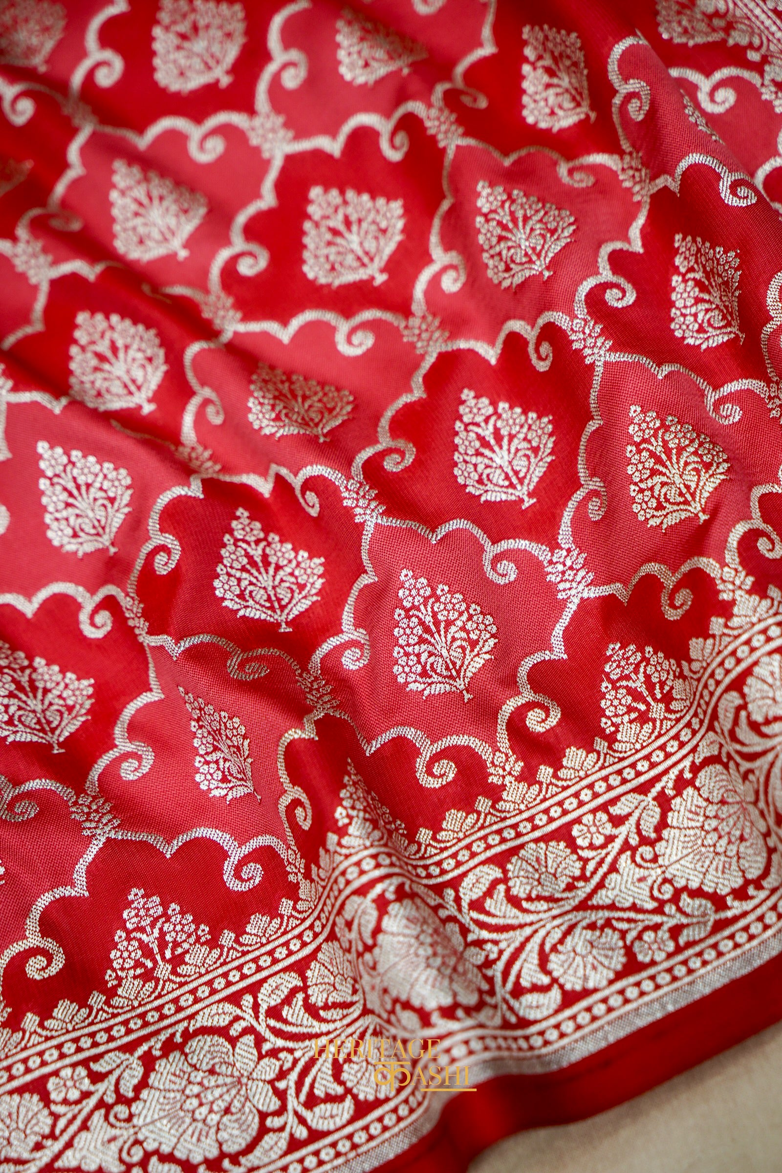 Ruby Red Katan Rangkat Banarasi Silk Saree with Silver Zari Border