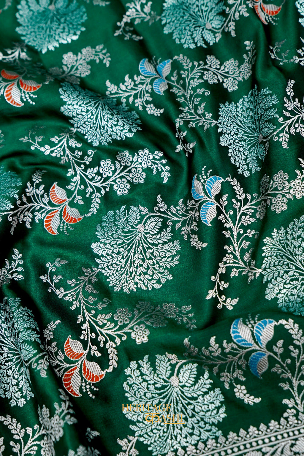 Emerald Green Mashru Multicolour Floral Jaal Motif Silk Saree