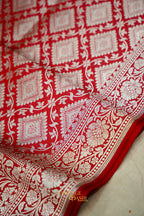 Ruby Red Katan Rangkat Banarasi Silk Saree with Silver Zari Border