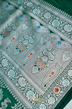 Emerald Green Mashru Multicolour Floral Jaal Motif Silk Saree