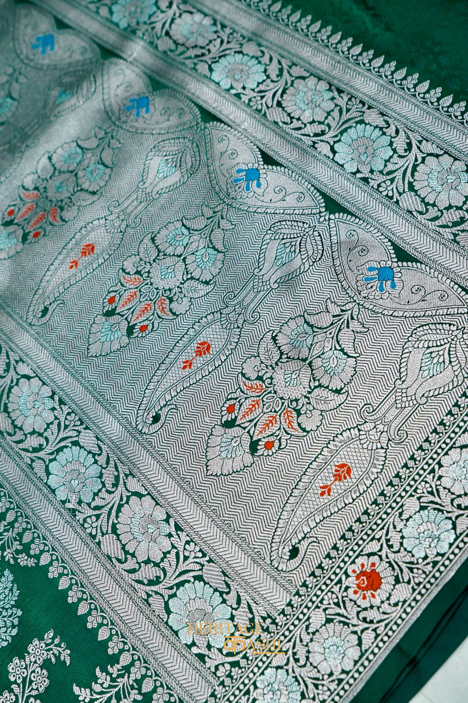 Emerald Green Mashru Multicolour Floral Jaal Motif Silk Saree
