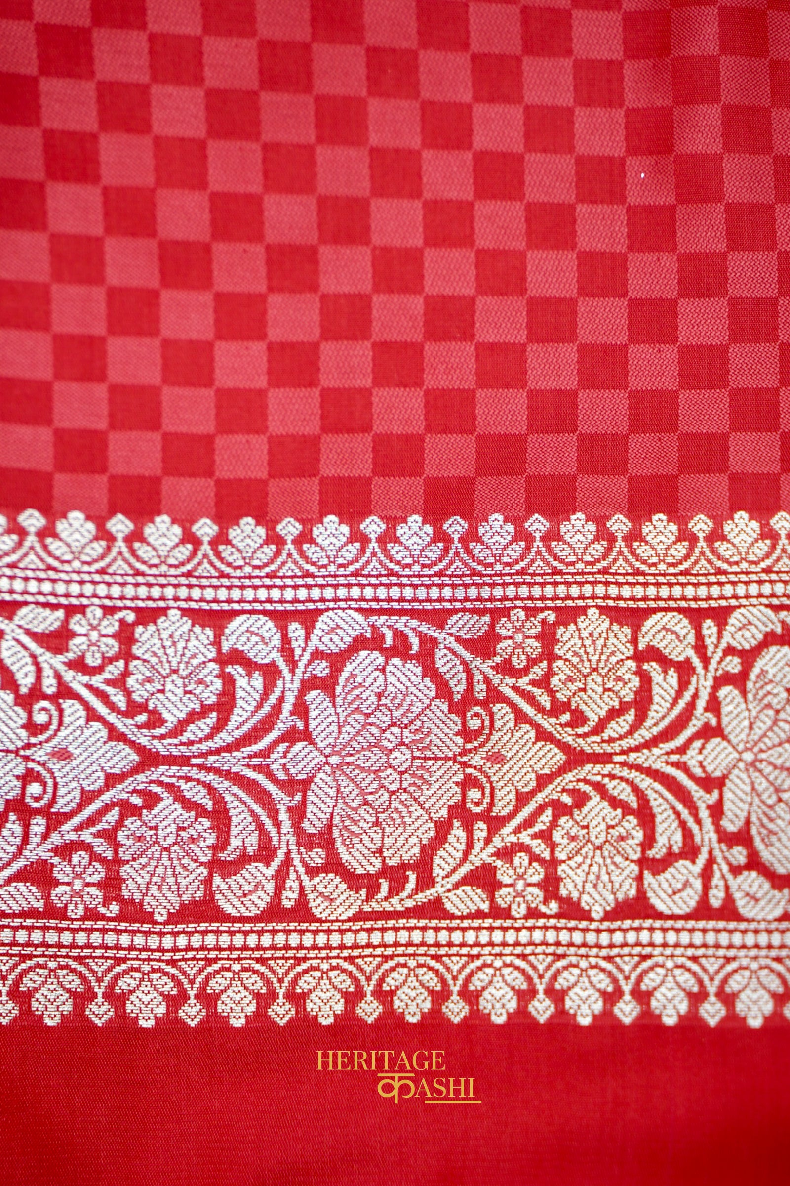Ruby Red Katan Rangkat Banarasi Silk Saree with Silver Zari Border