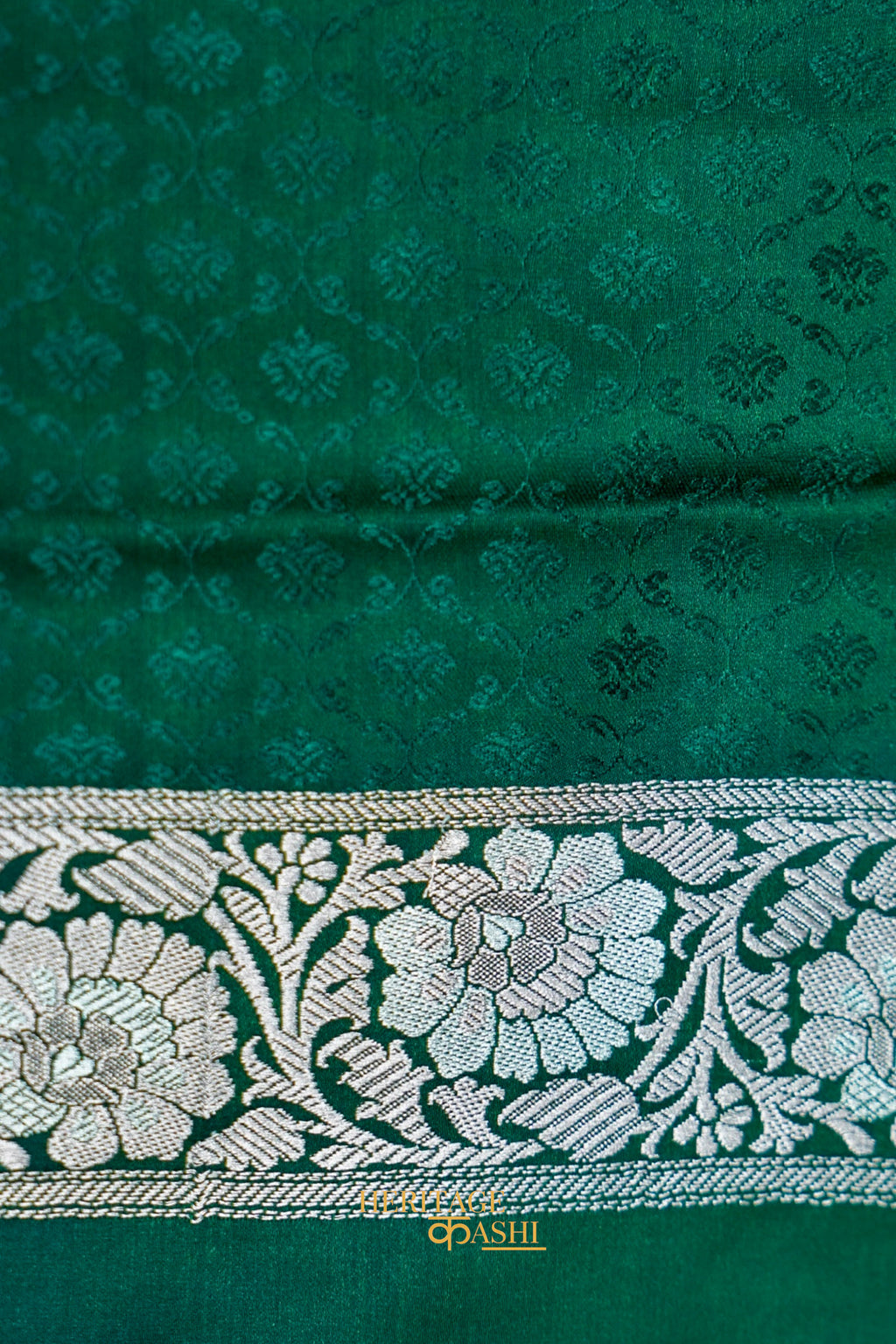 Emerald Green Mashru Multicolour Floral Jaal Motif Silk Saree