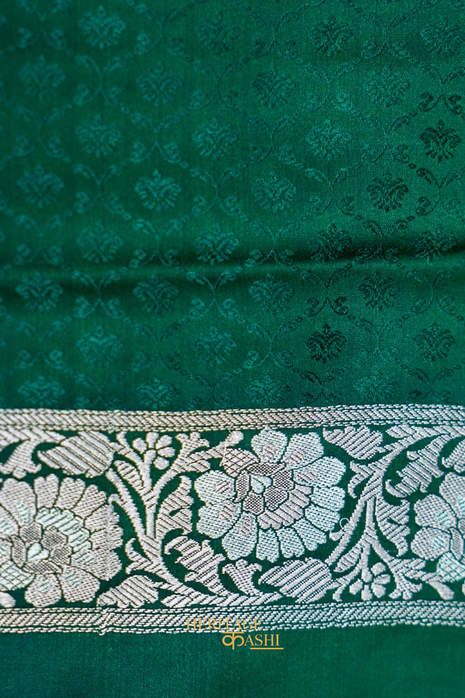 Emerald Green Mashru Multicolour Floral Jaal Motif Silk Saree