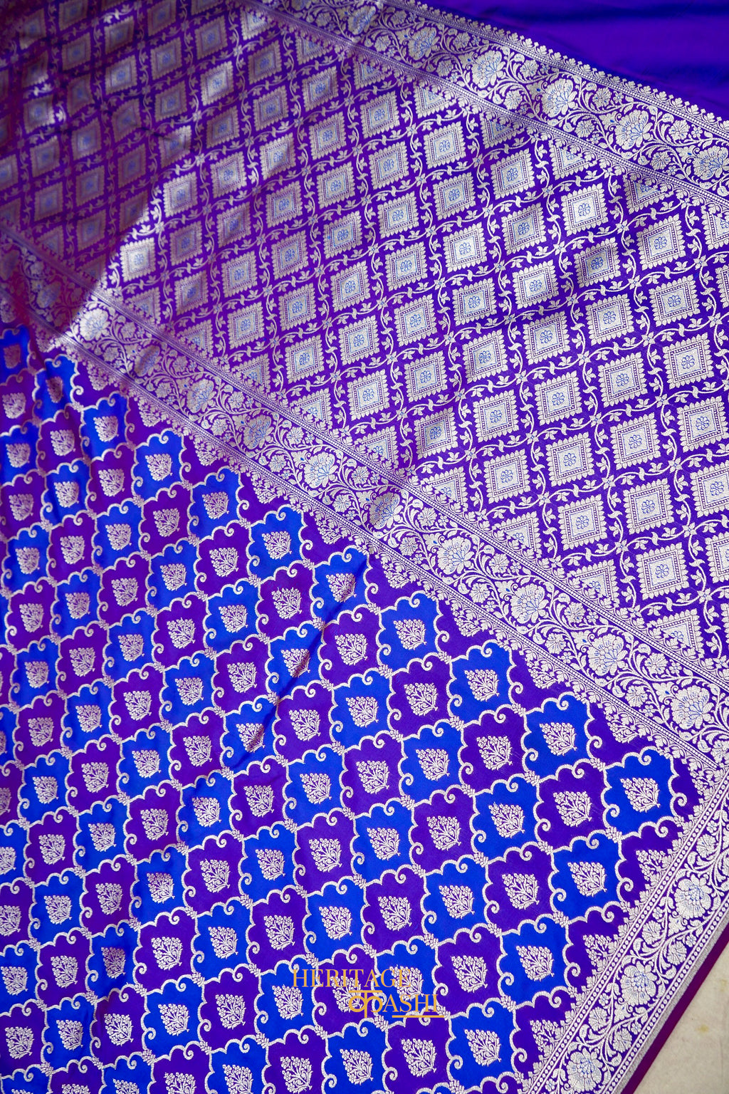 Royal Blue Katan Rangkat Banarasi Silk Saree with Silver Zari Border