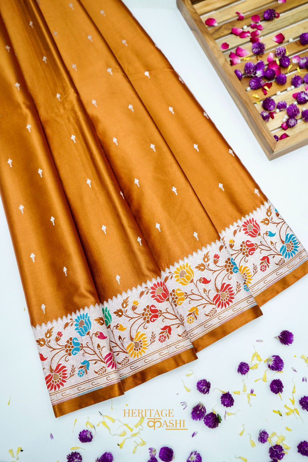 Mustard Gold Mashru Paithani Inspired Floral Border Silk Saree