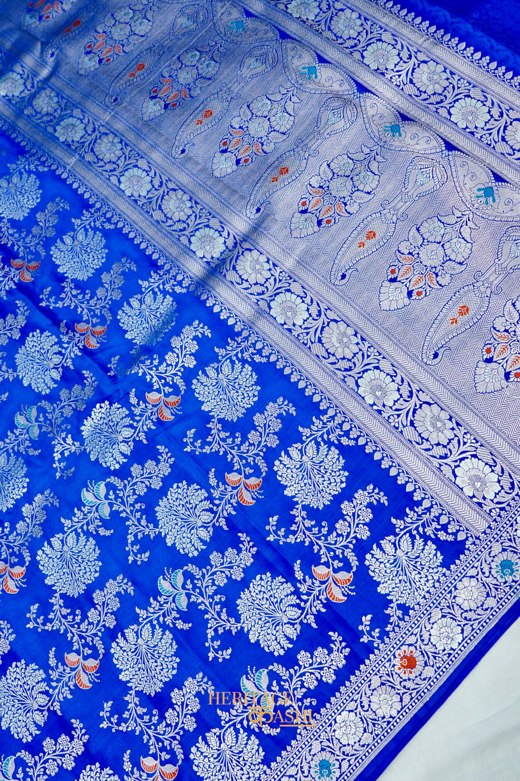 Royal Blue Mashru Multicolour Floral Jaal Motif Silk Saree