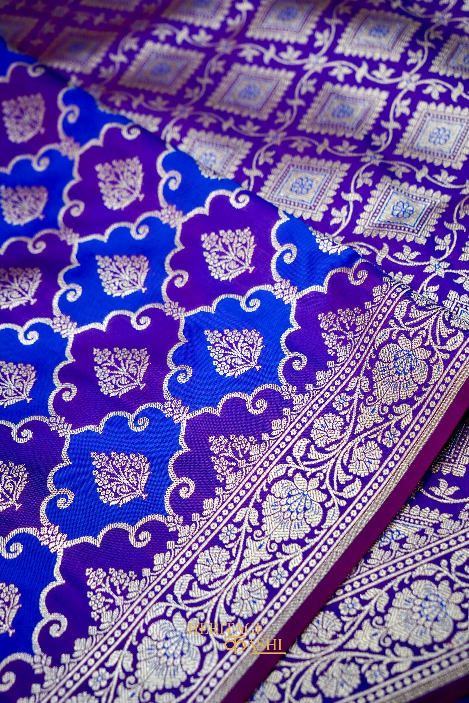 Royal Blue Katan Rangkat Banarasi Silk Saree with Silver Zari Border