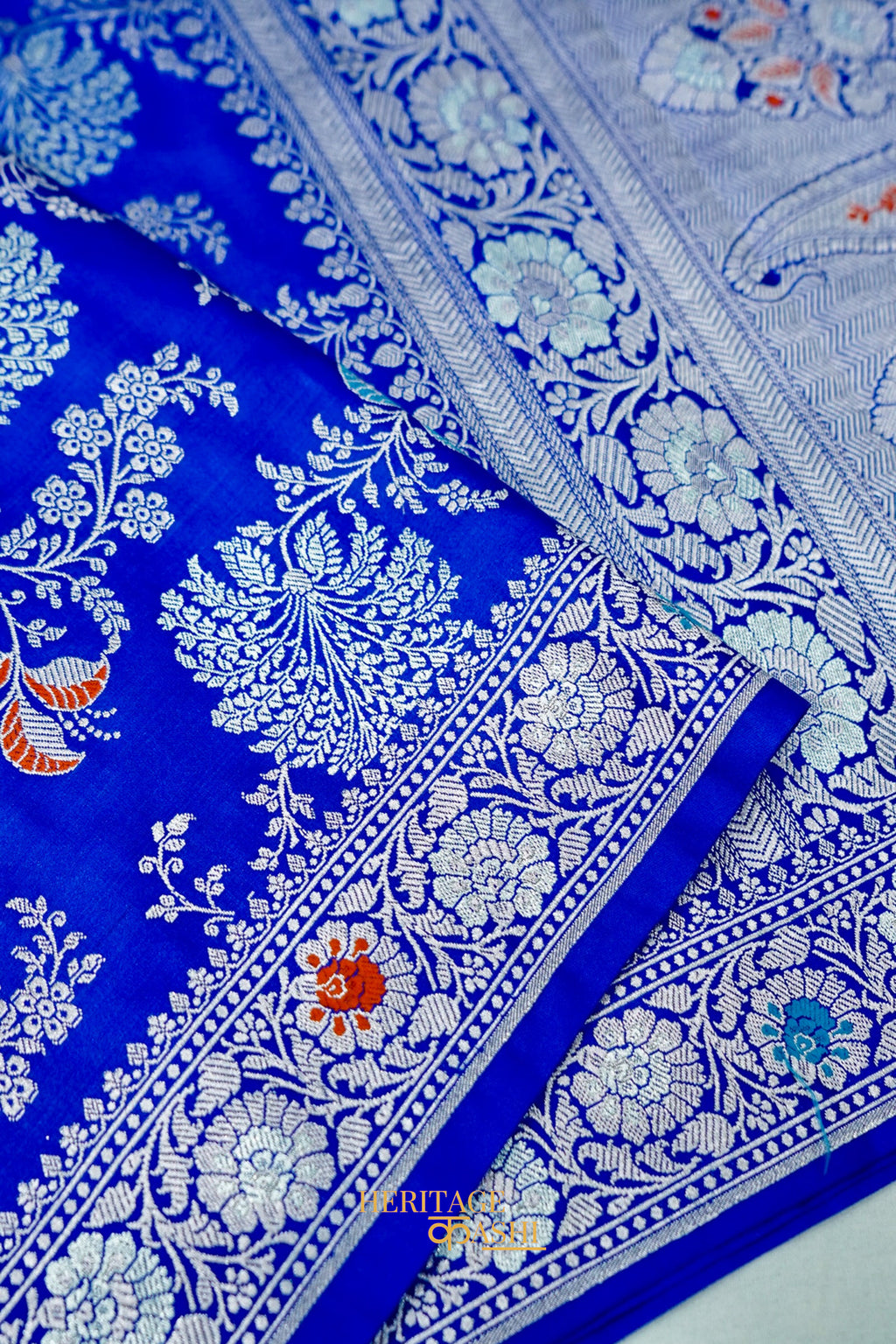 Royal Blue Mashru Multicolour Floral Jaal Motif Silk Saree