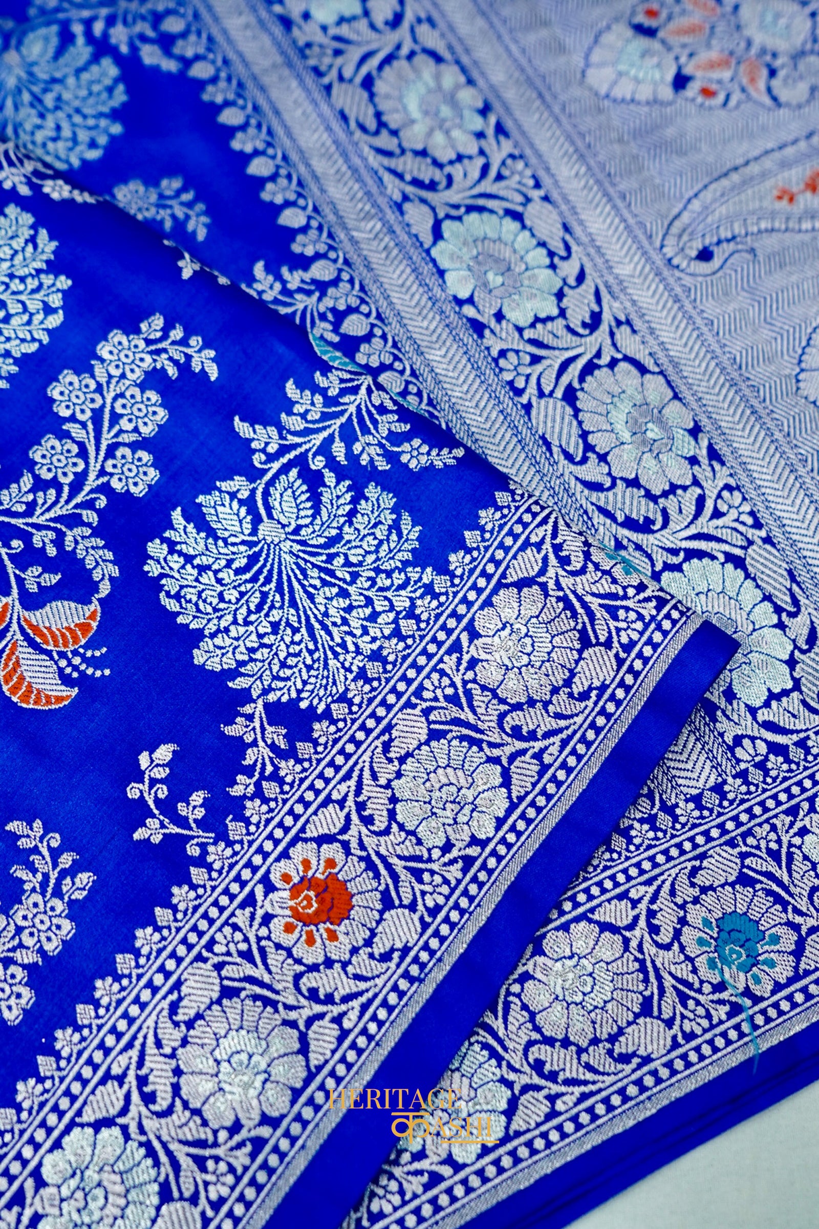 Royal Blue Mashru Multicolour Floral Jaal Motif Silk Saree