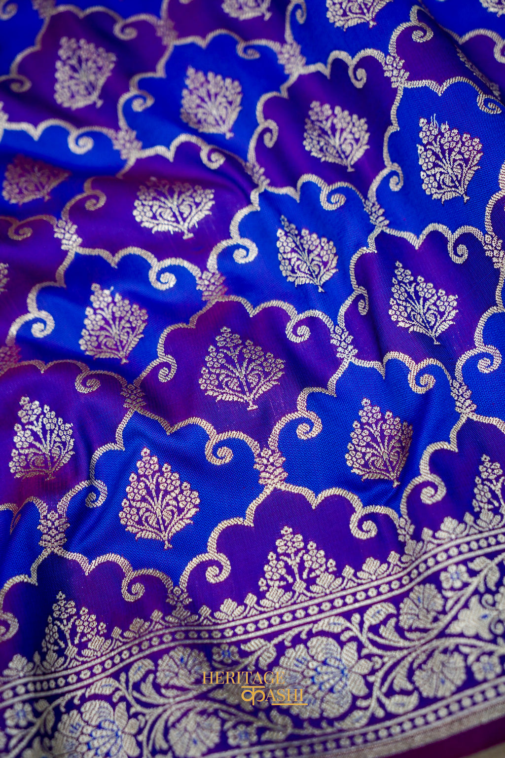 Royal Blue Katan Rangkat Banarasi Silk Saree with Silver Zari Border
