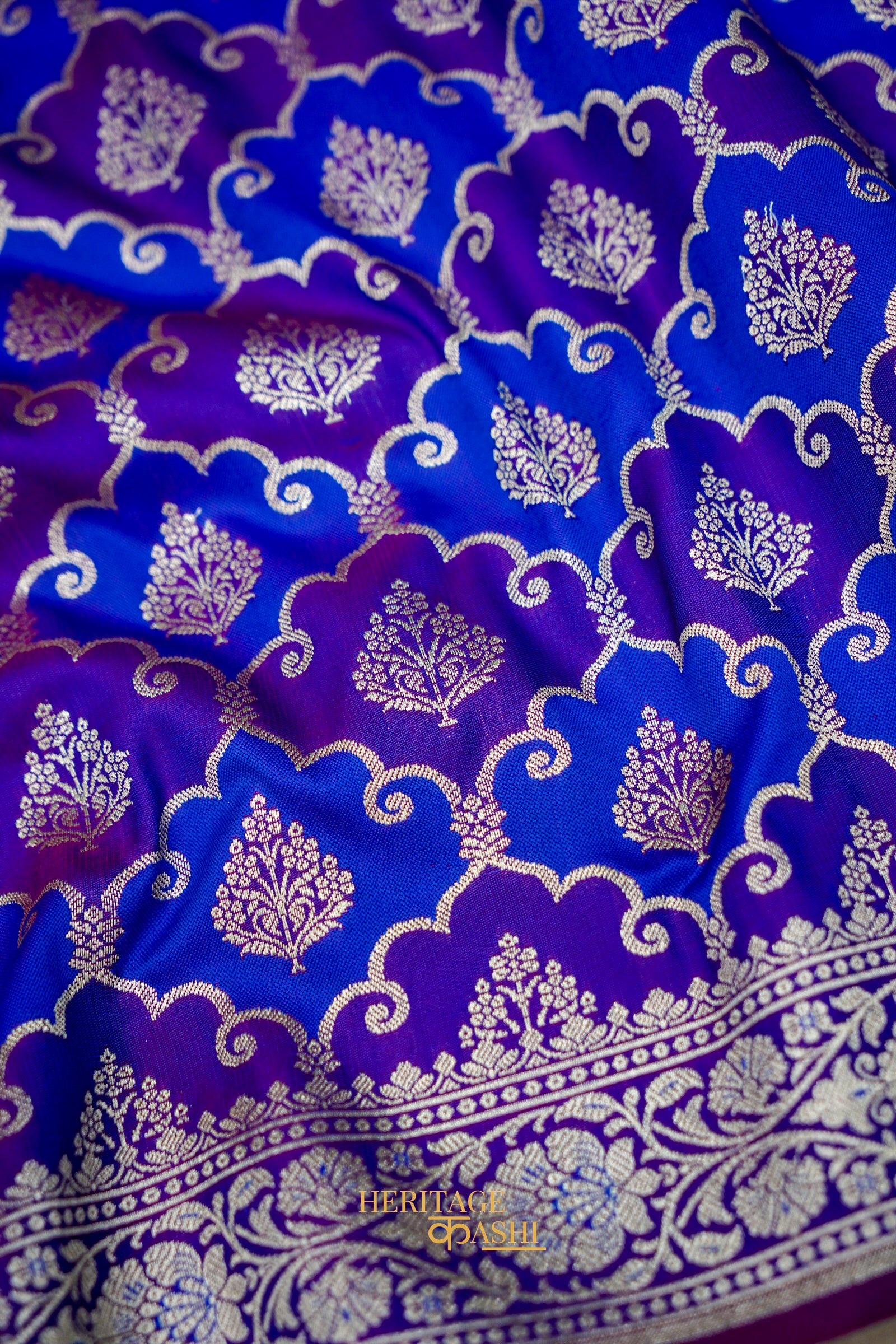Royal Blue Katan Rangkat Banarasi Silk Saree with Silver Zari Border