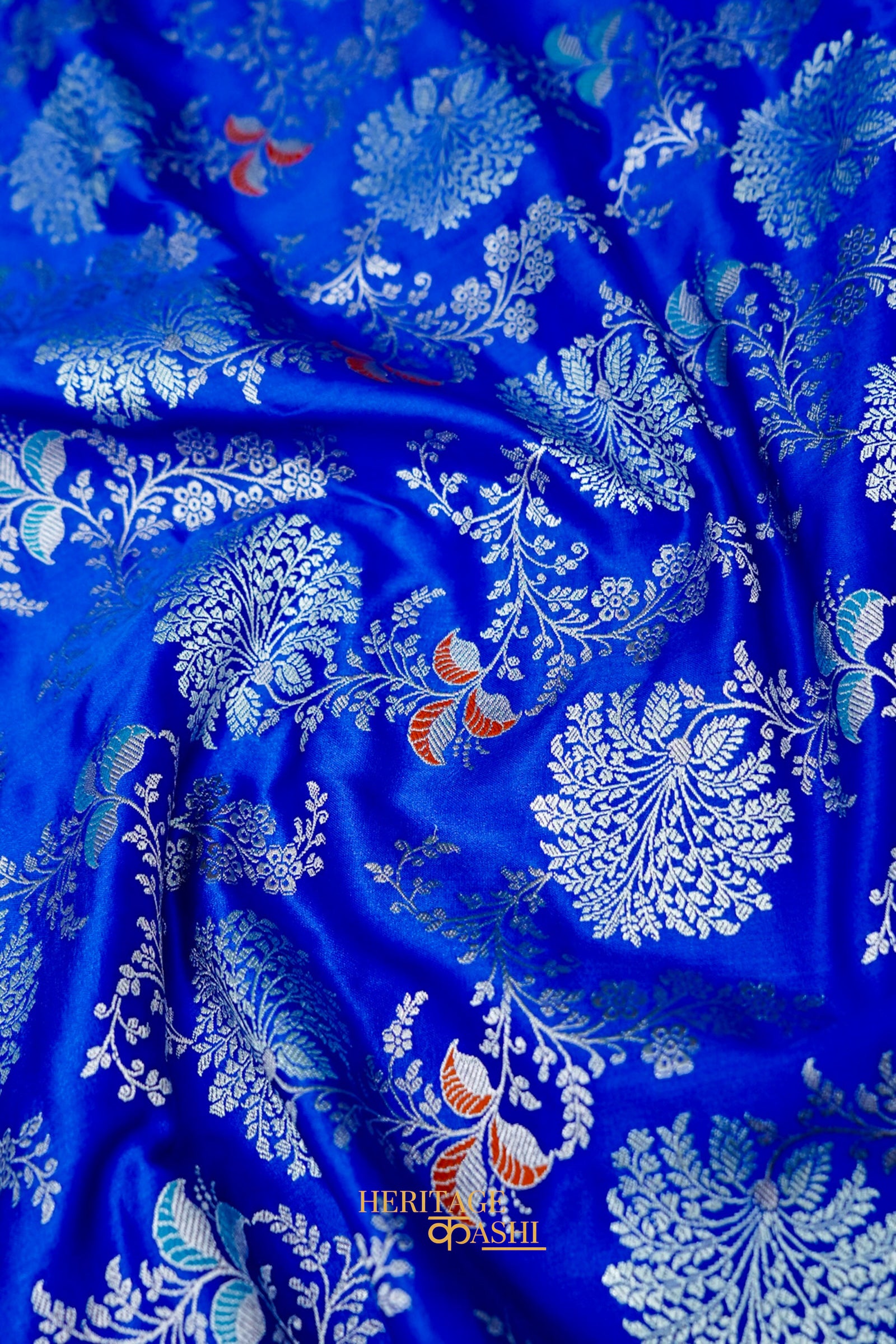 Royal Blue Mashru Multicolour Floral Jaal Motif Silk Saree