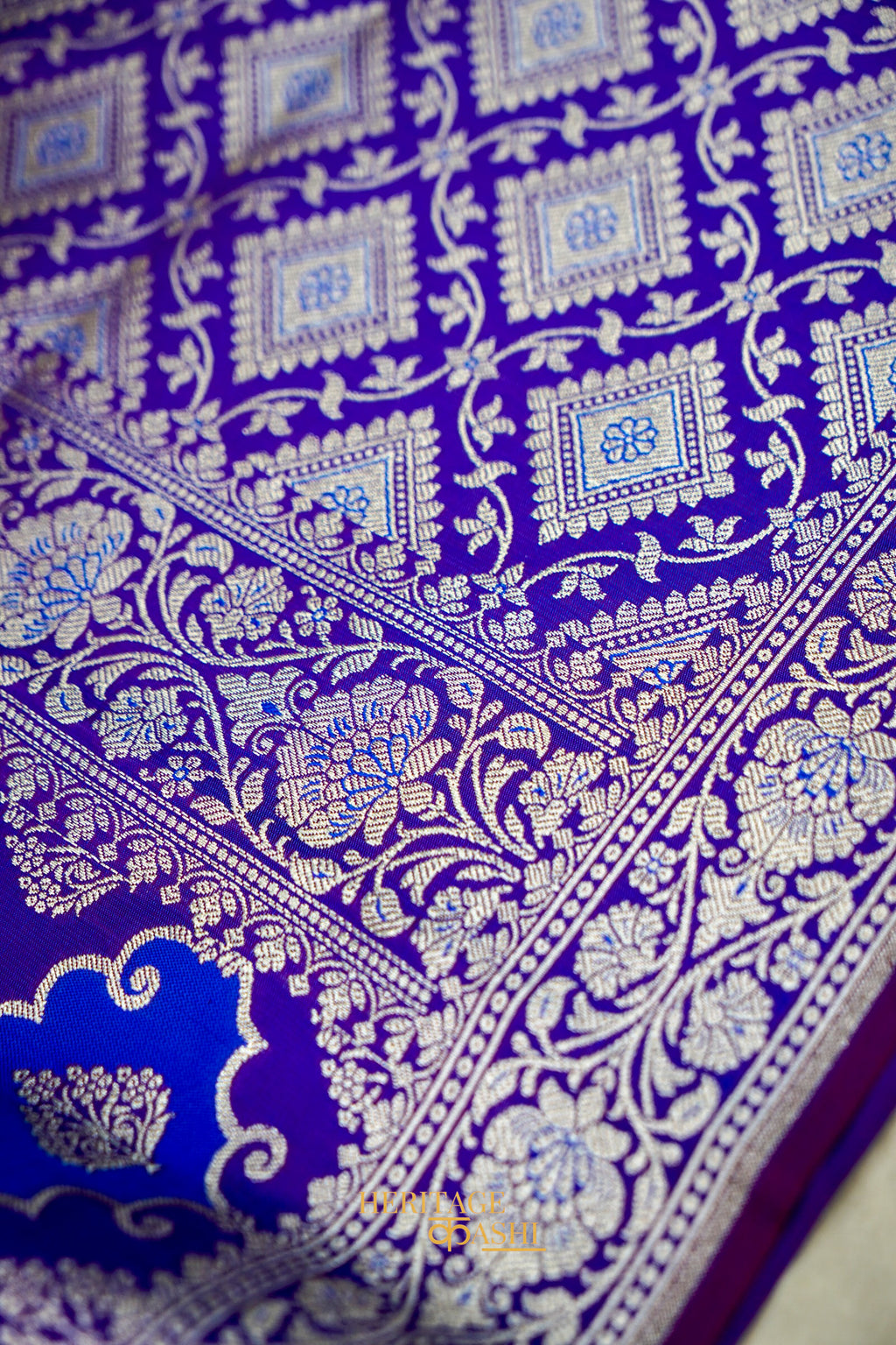Royal Blue Katan Rangkat Banarasi Silk Saree with Silver Zari Border