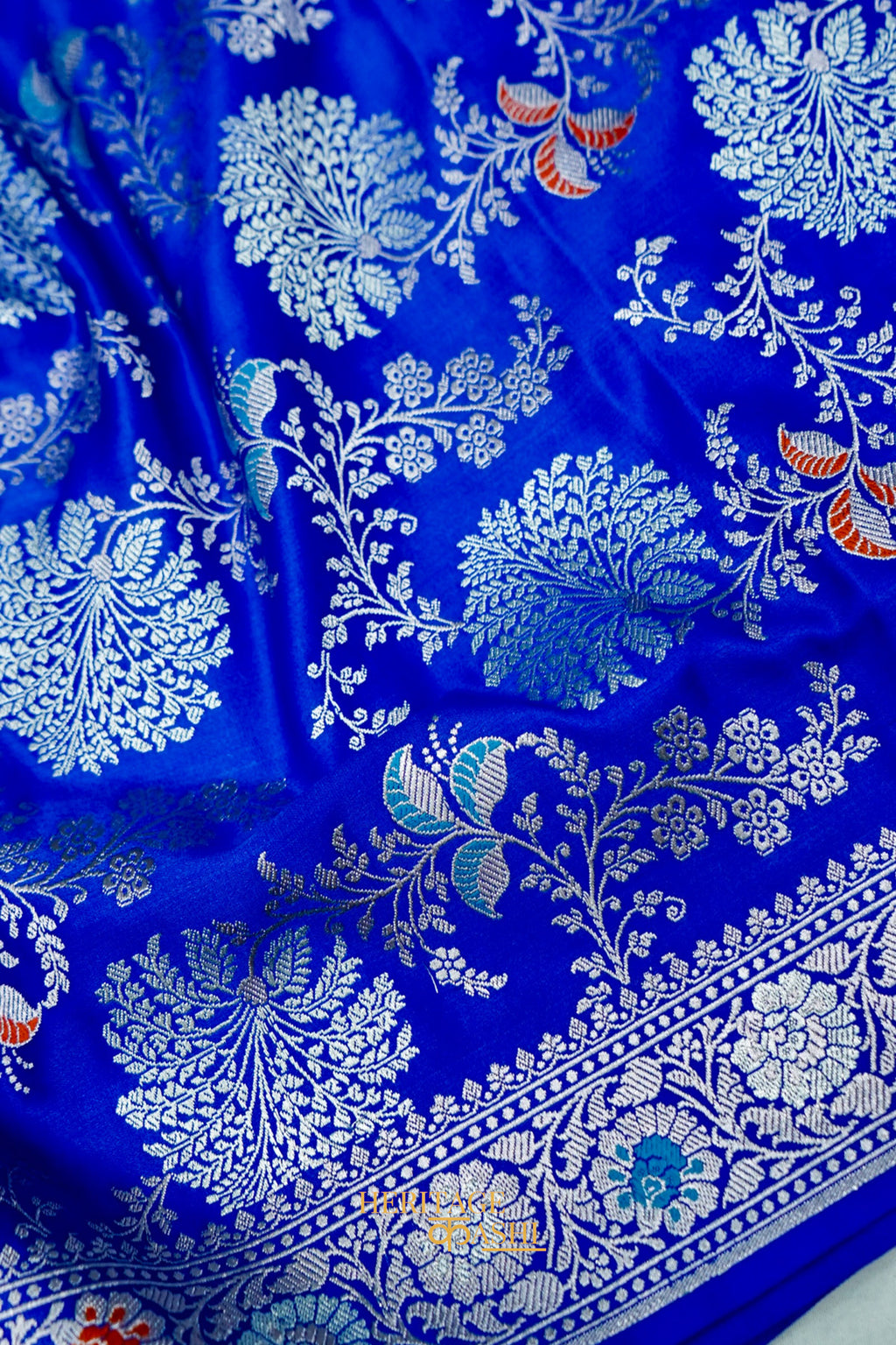 Royal Blue Mashru Multicolour Floral Jaal Motif Silk Saree