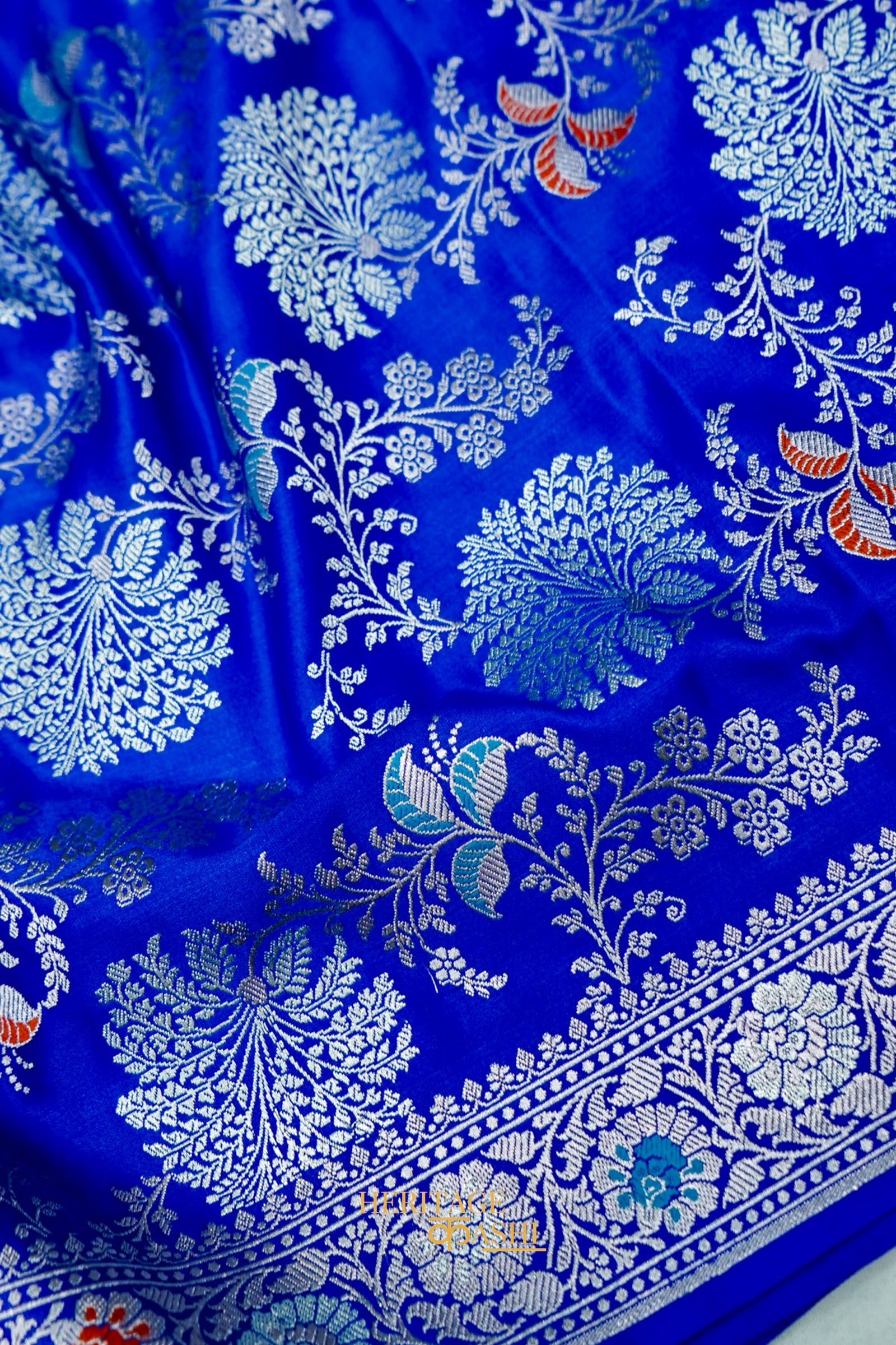 Royal Blue Mashru Multicolour Floral Jaal Motif Silk Saree