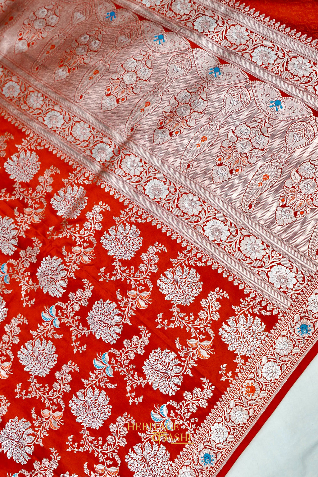 Rust Orange Mashru Multicolour Floral Jaal Motif Silk Saree