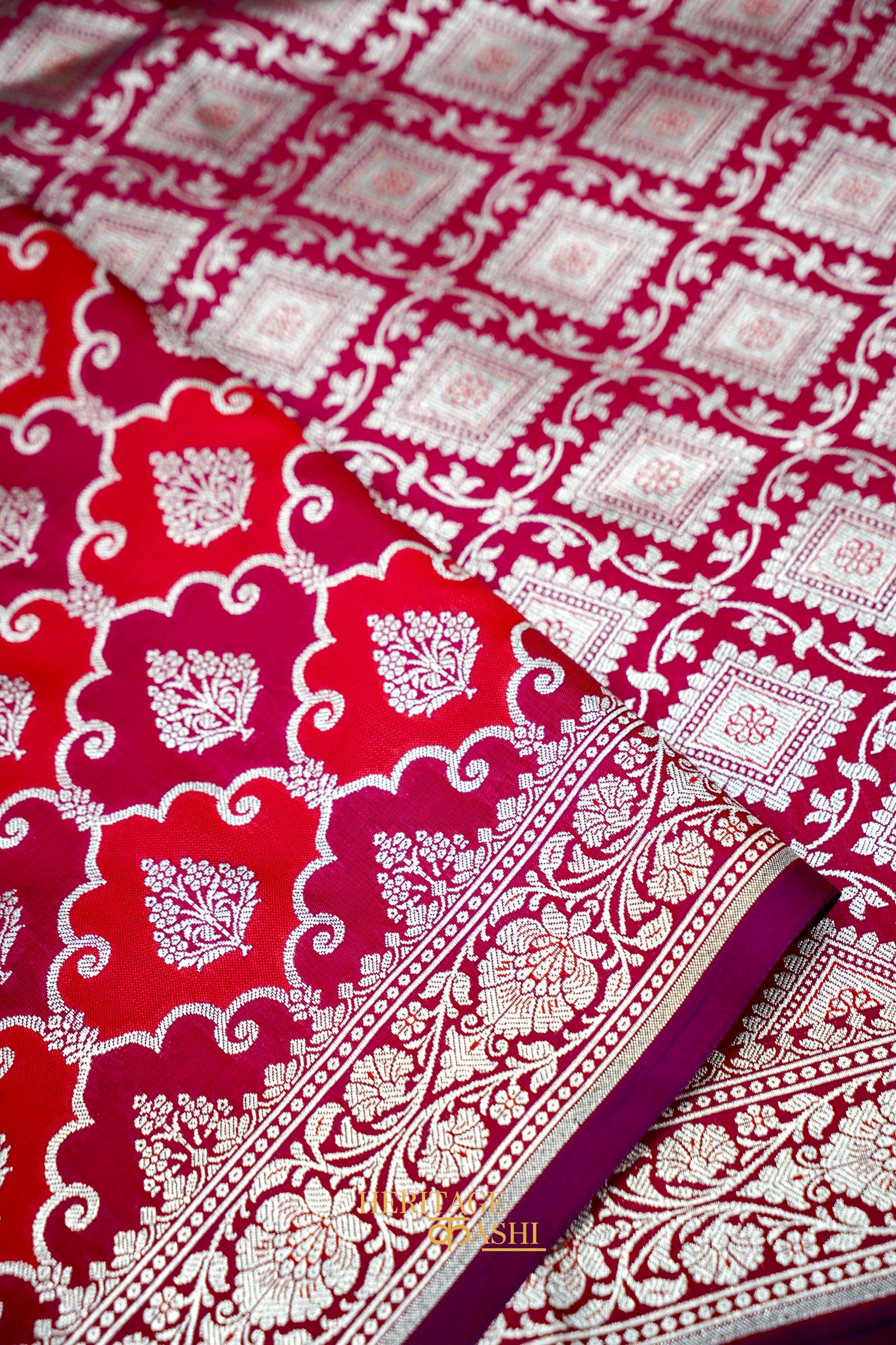 Wine Katan Rangkat Banarasi Silk Saree with Silver Zari Border