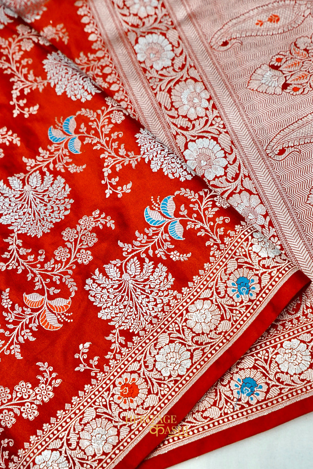 Rust Orange Mashru Multicolour Floral Jaal Motif Silk Saree