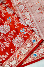Rust Orange Mashru Multicolour Floral Jaal Motif Silk Saree
