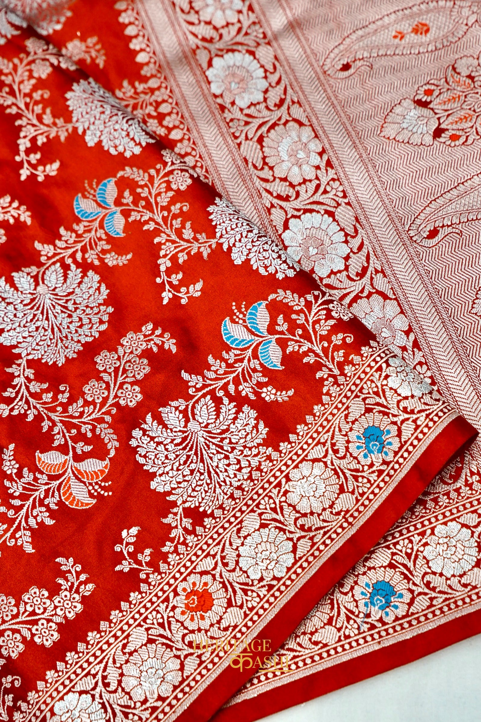 Rust Orange Mashru Multicolour Floral Jaal Motif Silk Saree