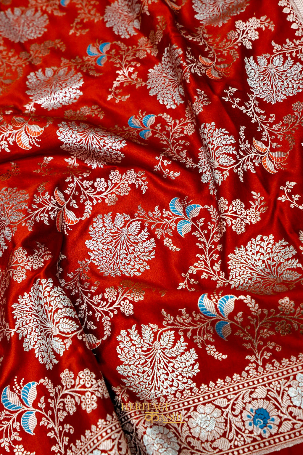Rust Orange Mashru Multicolour Floral Jaal Motif Silk Saree