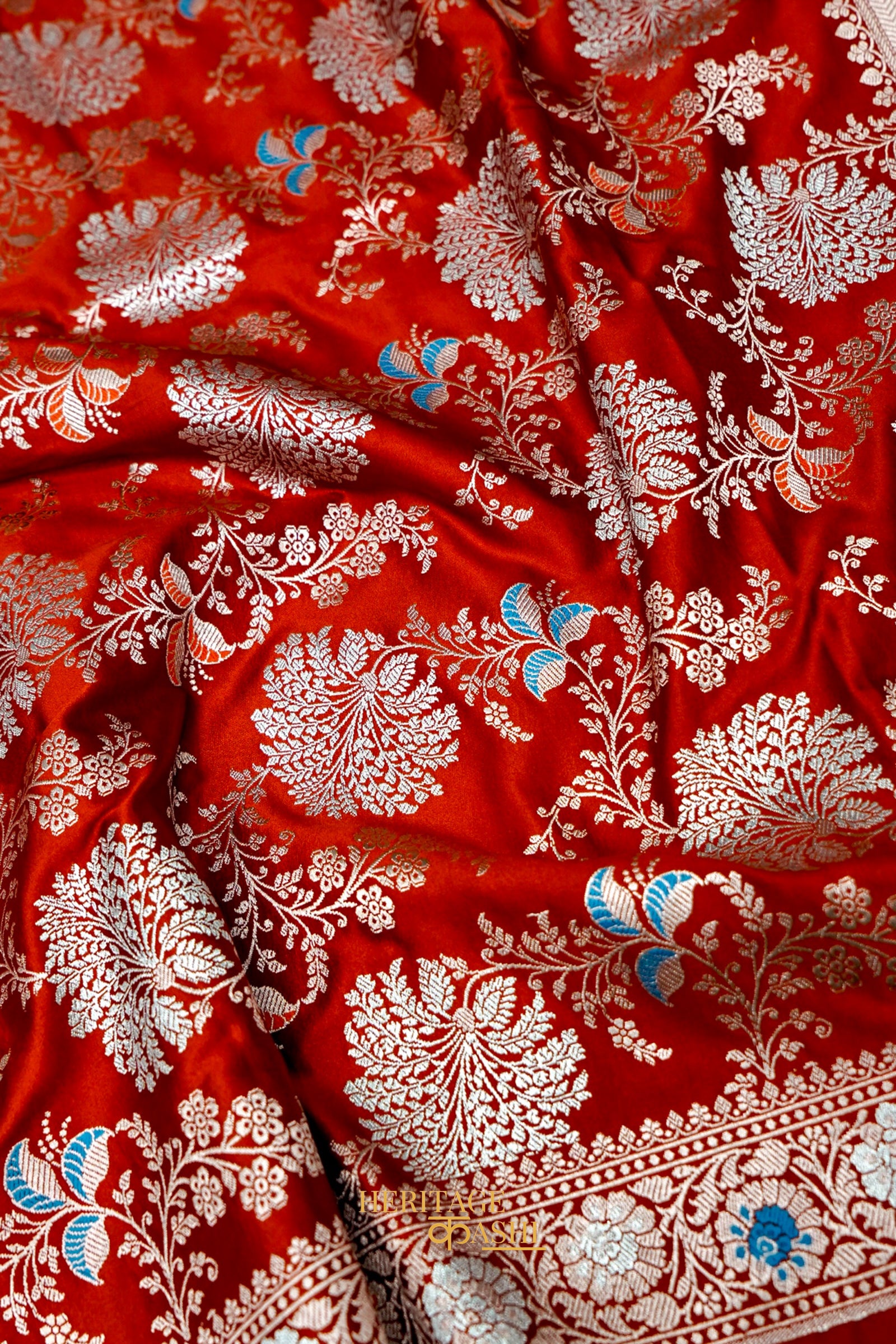 Rust Orange Mashru Multicolour Floral Jaal Motif Silk Saree