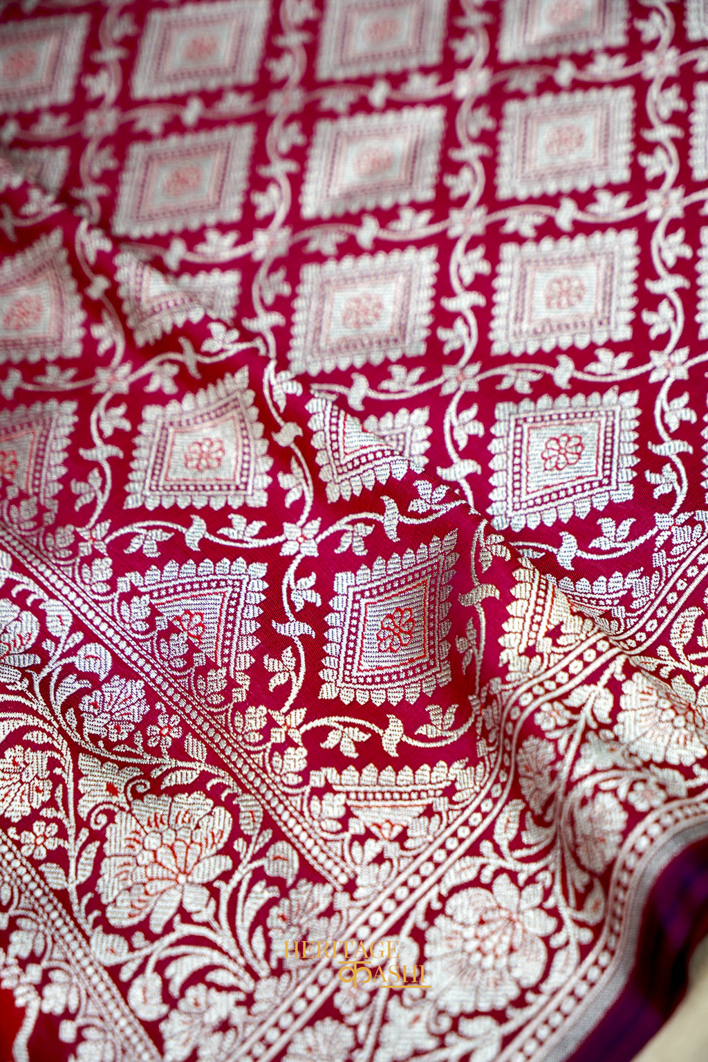 Wine Katan Rangkat Banarasi Silk Saree with Silver Zari Border