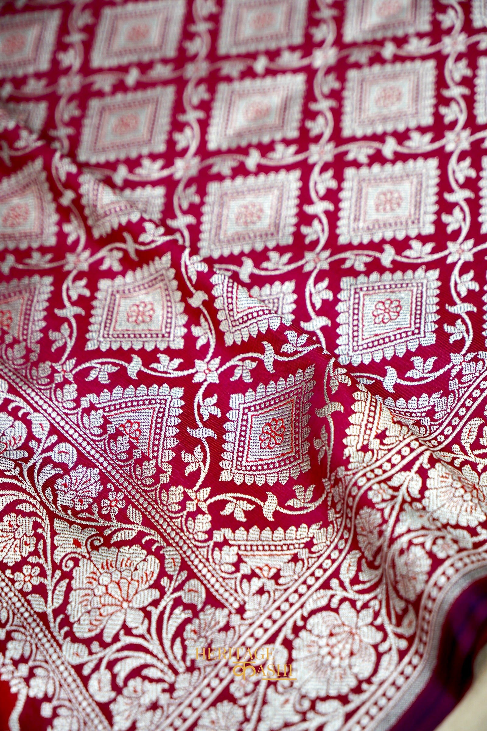 Wine Katan Rangkat Banarasi Silk Saree with Silver Zari Border