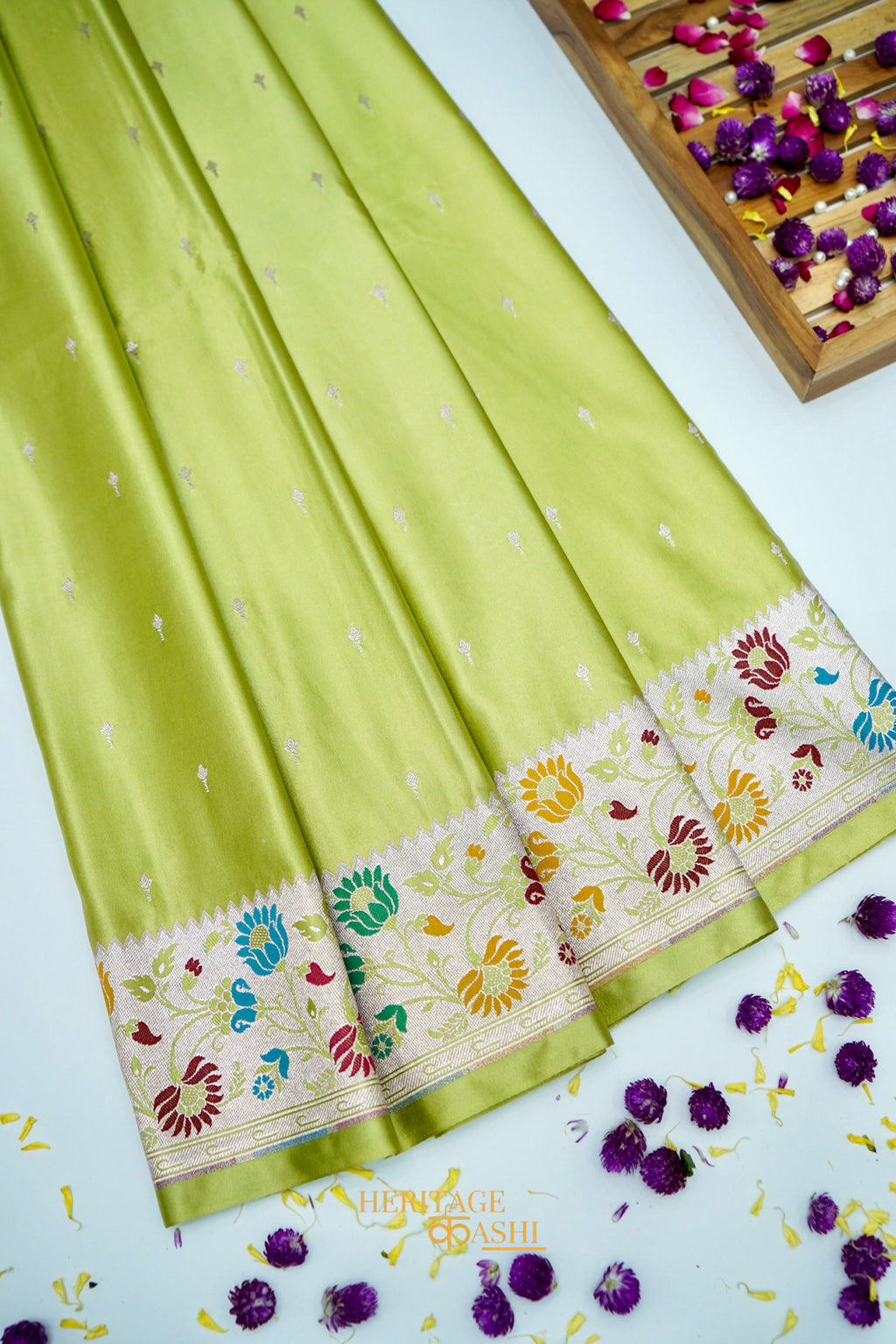 Pistachio Green Mashru Paithani Inspired Floral Border Silk Saree