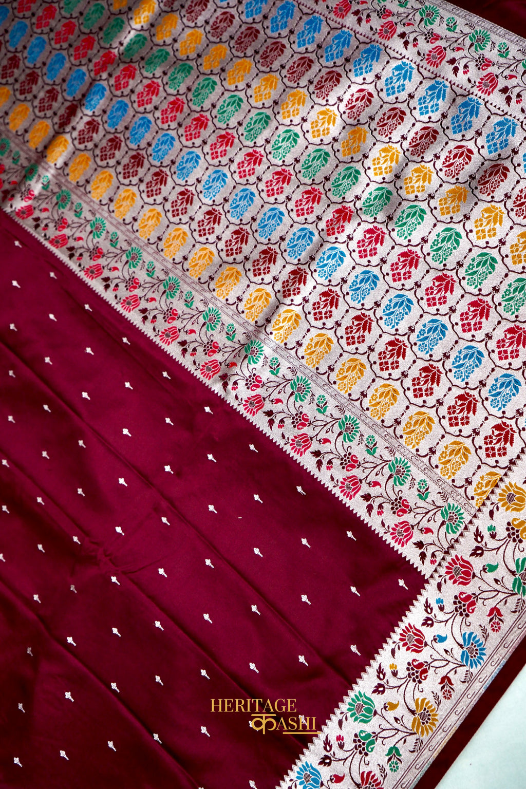 Premium Wine Mashru Paithani Inspired Floral Border Silk Saree