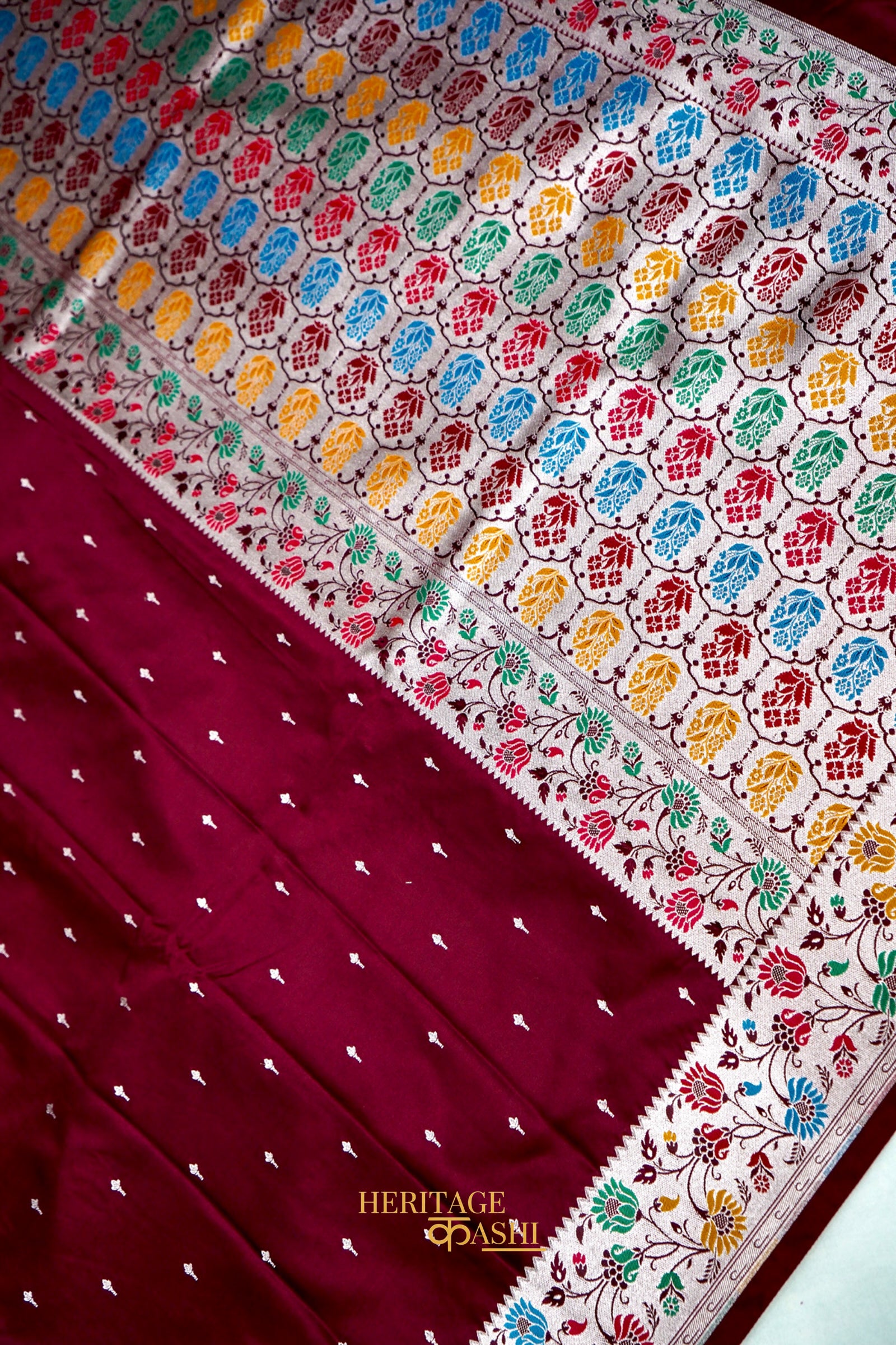 Premium Wine Mashru Paithani Inspired Floral Border Silk Saree