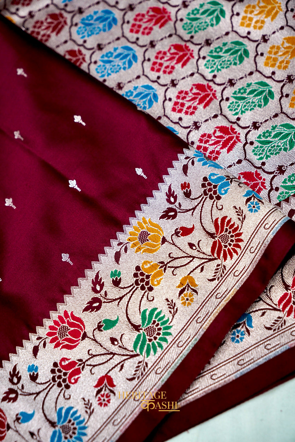 Premium Wine Mashru Paithani Inspired Floral Border Silk Saree