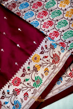 Premium Wine Mashru Paithani Inspired Floral Border Silk Saree