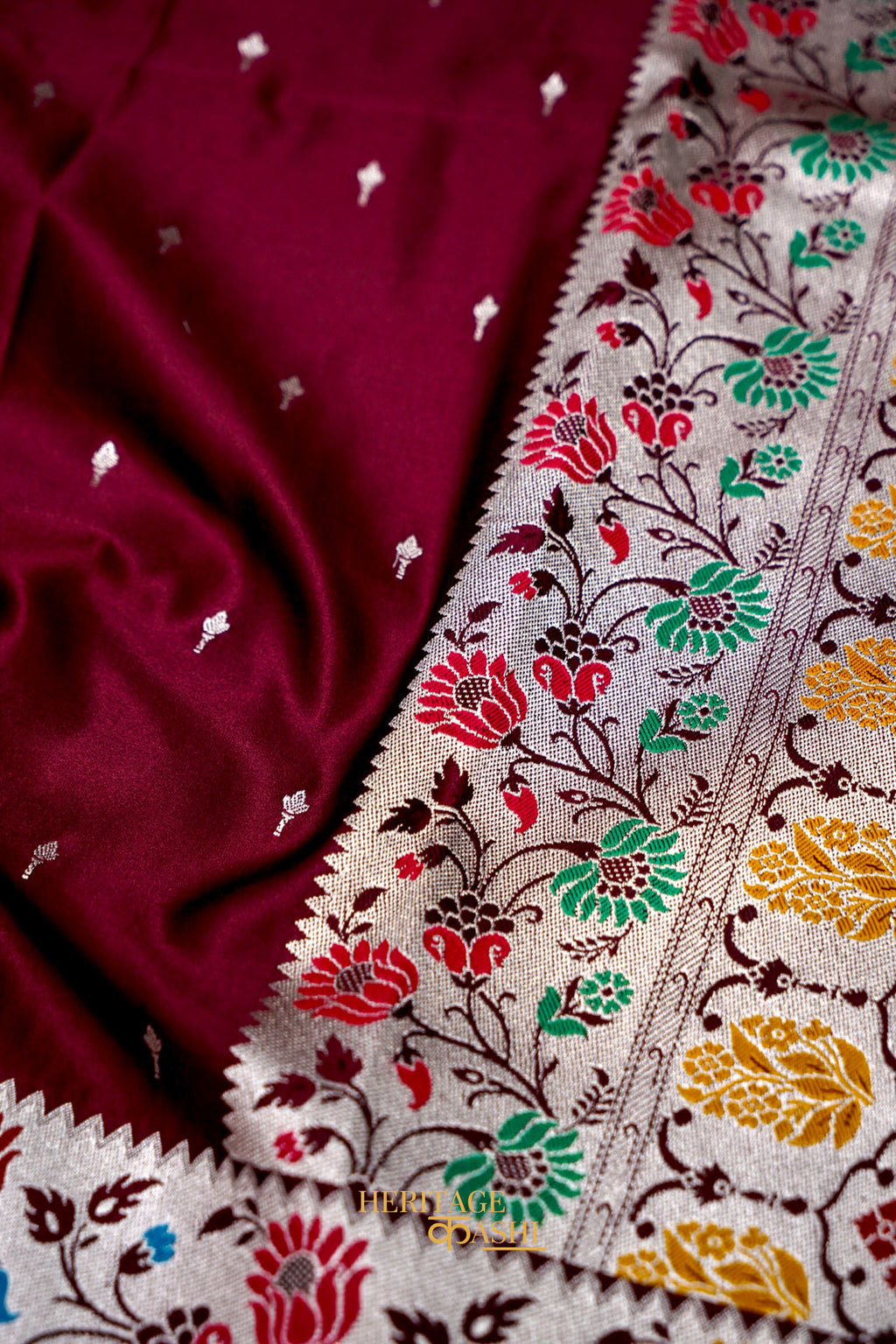 Premium Wine Mashru Paithani Inspired Floral Border Silk Saree