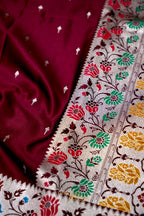 Premium Wine Mashru Paithani Inspired Floral Border Silk Saree