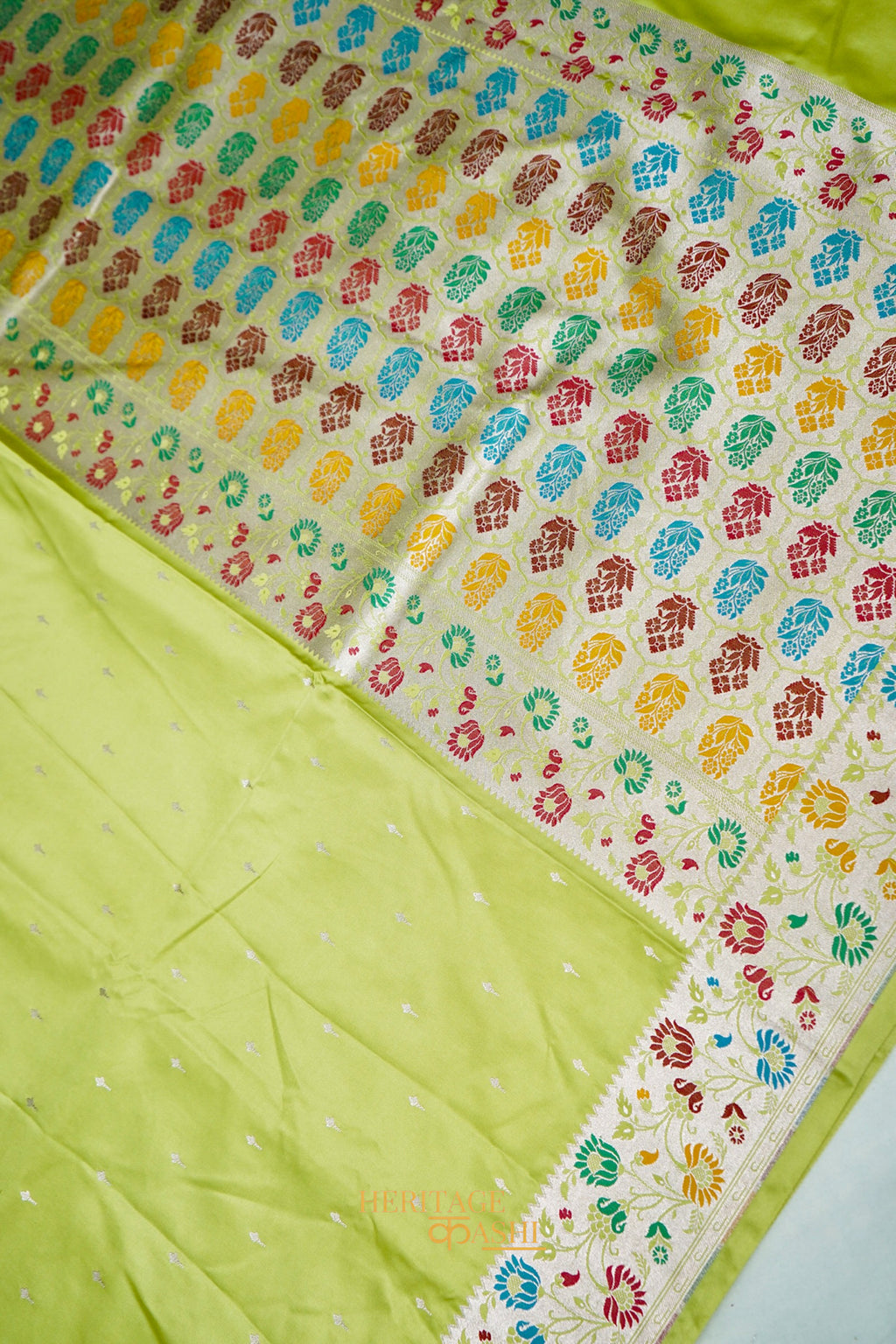 Pistachio Green Mashru Paithani Inspired Floral Border Silk Saree