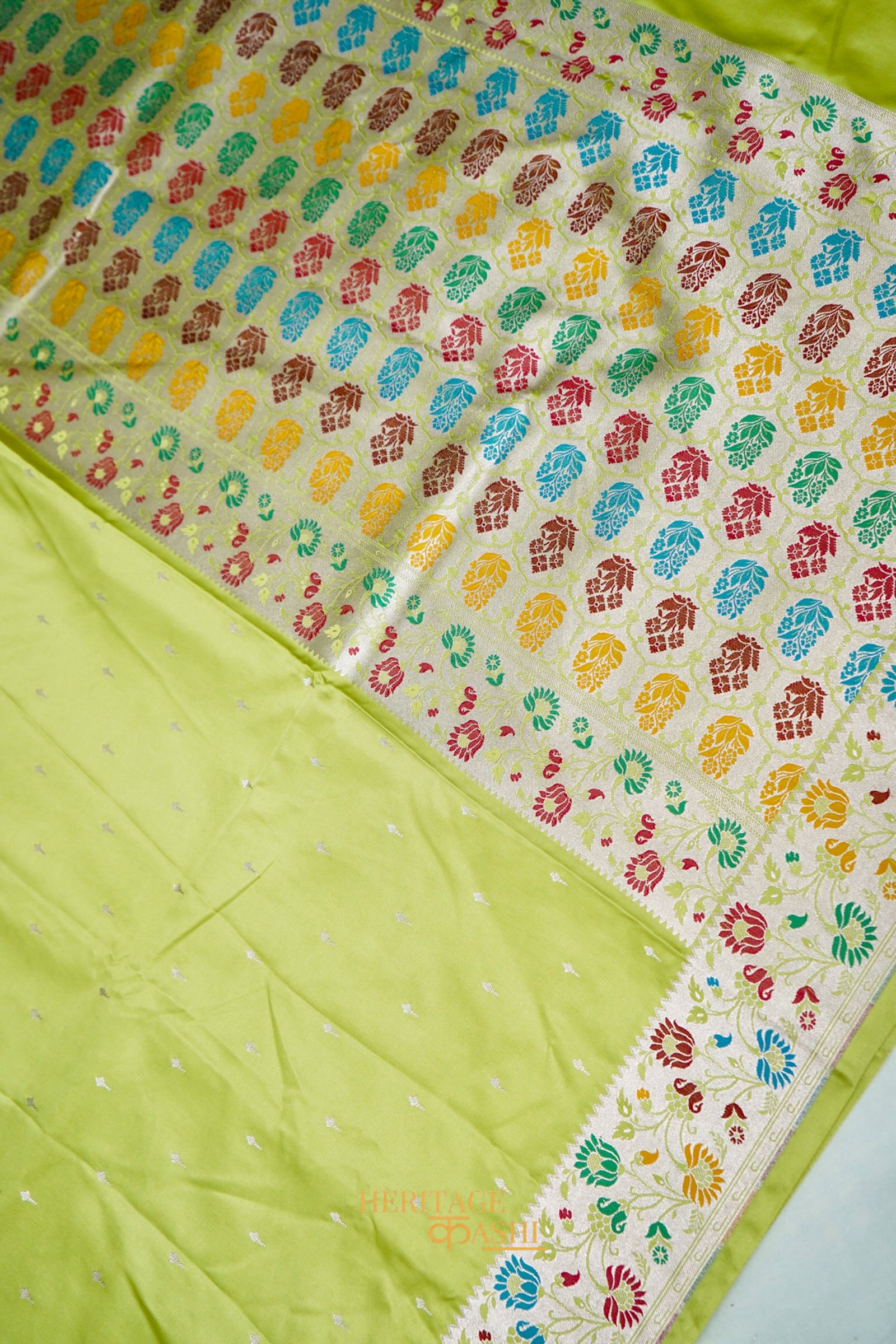 Pistachio Green Mashru Paithani Inspired Floral Border Silk Saree