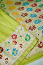 Pistachio Green Mashru Paithani Inspired Floral Border Silk Saree