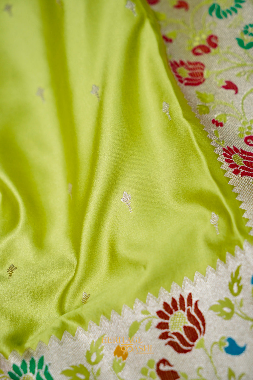 Pistachio Green Mashru Paithani Inspired Floral Border Silk Saree