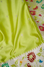 Pistachio Green Mashru Paithani Inspired Floral Border Silk Saree