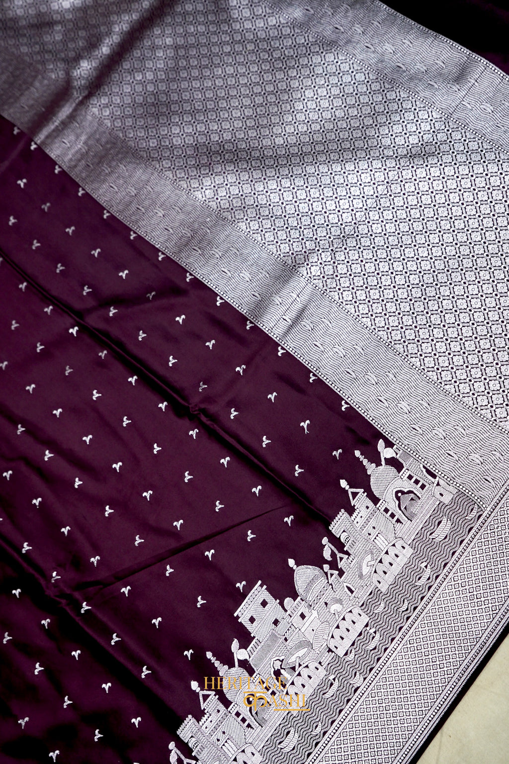 Deep Wine Mashru Katan Banarasi Ghat Silk Saree